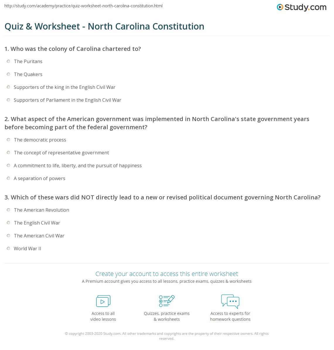 Quiz & Worksheet North Carolina Constitution