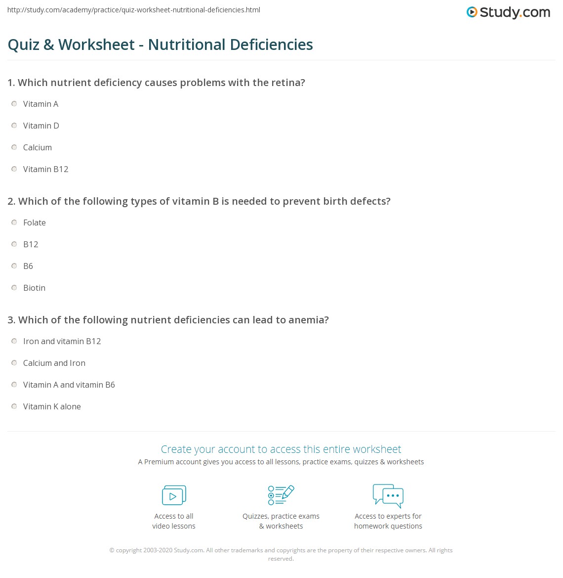 Quiz & Worksheet Nutritional Deficiencies