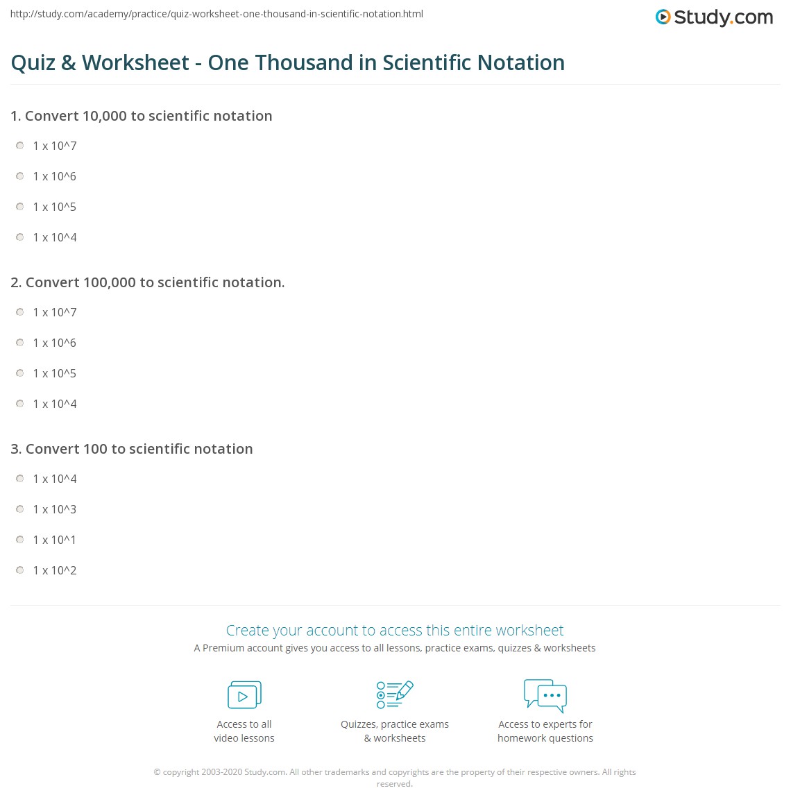 Quiz & Worksheet One Thousand in Scientific Notation