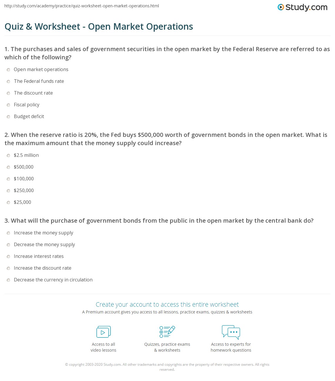 Quiz & Worksheet Open Market Operations