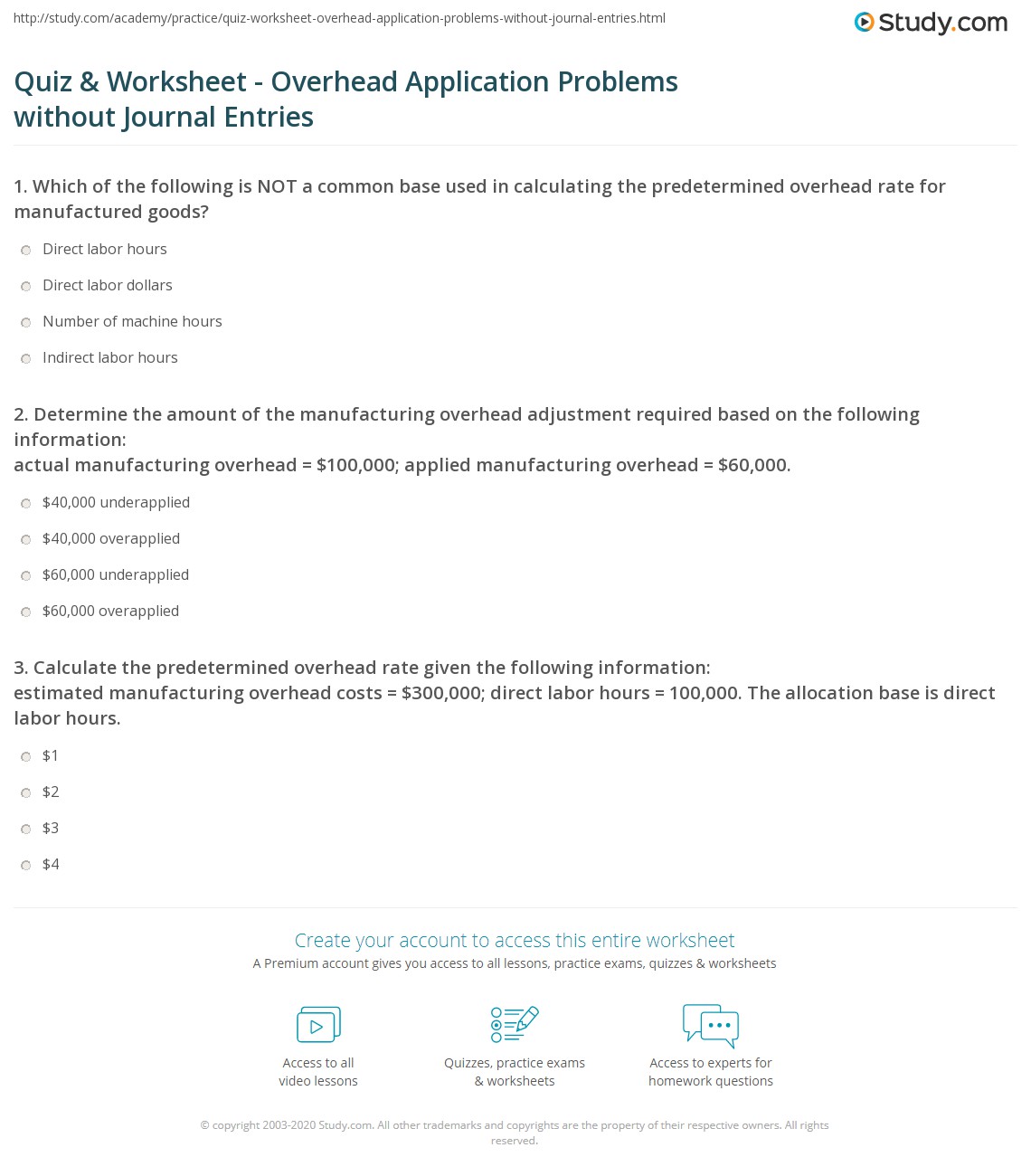 Quiz & Worksheet Overhead Application Problems without Journal