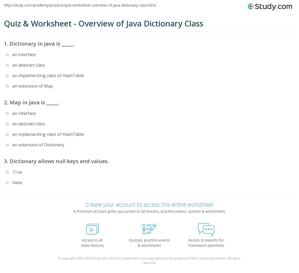 Quiz & Worksheet Overview of Java Dictionary Class