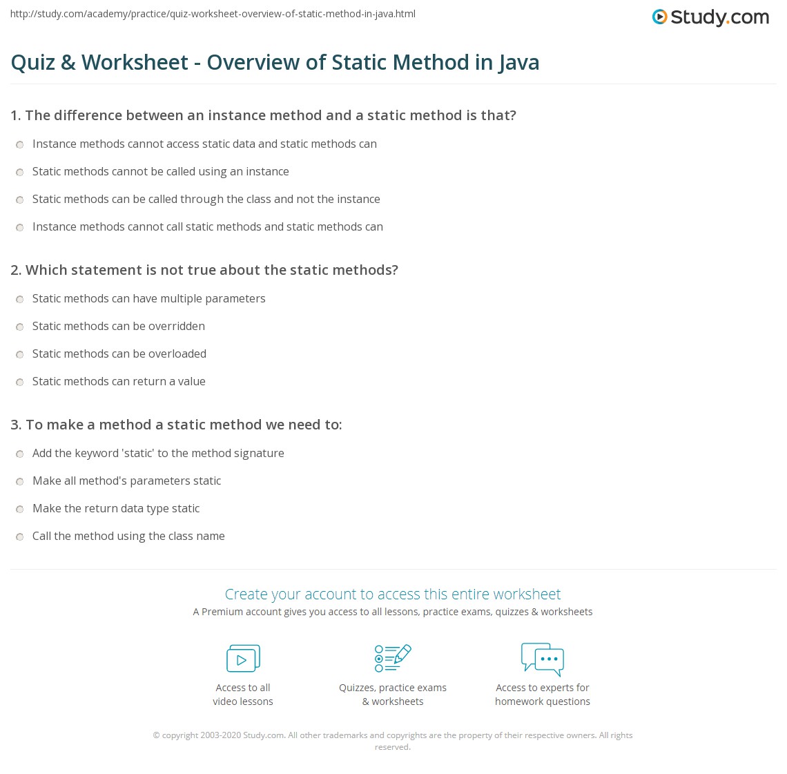 Quiz & Worksheet Overview of Static Method in Java