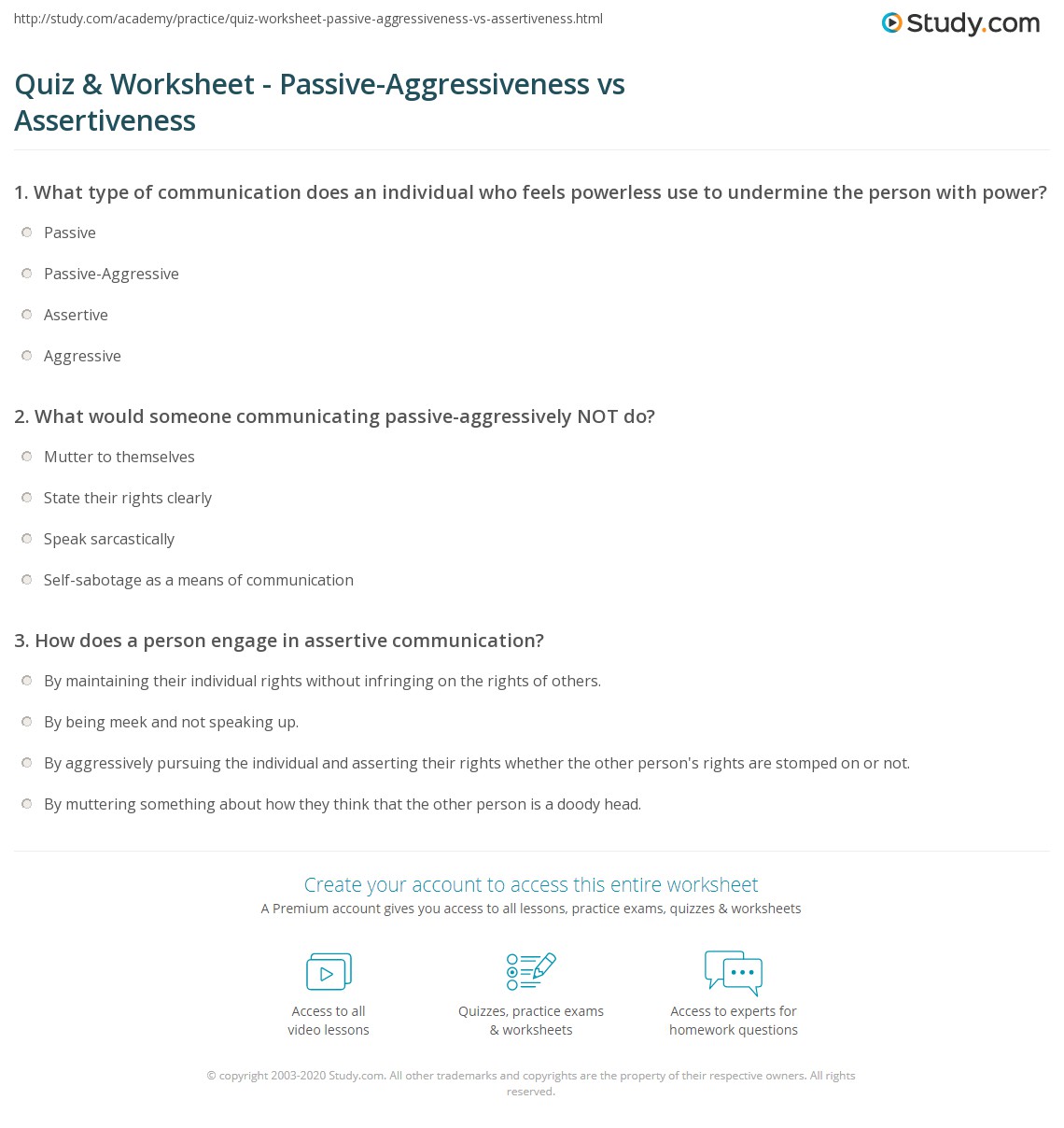 Quiz & Worksheet PassiveAggressiveness vs Assertiveness