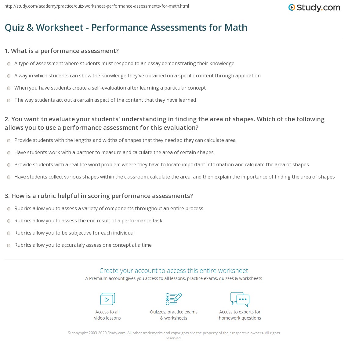 Quiz & Worksheet Performance Assessments for Math