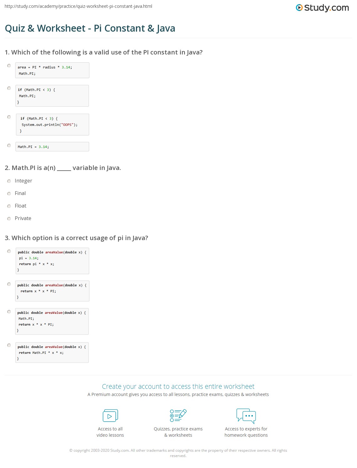 Quiz & Worksheet Pi Constant & Java