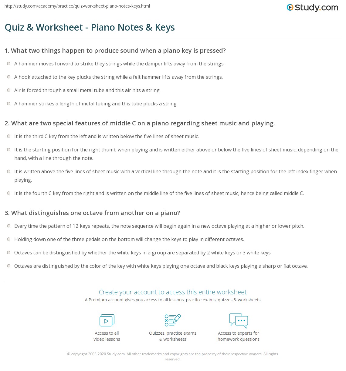 Quiz & Worksheet Piano Notes & Keys