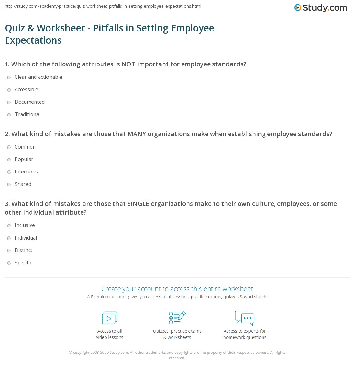Quiz & Worksheet Pitfalls in Setting Employee Expectations