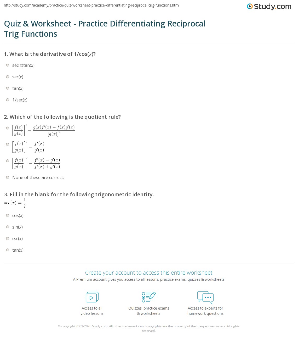 Quiz & Worksheet Practice Differentiating Reciprocal Trig Functions