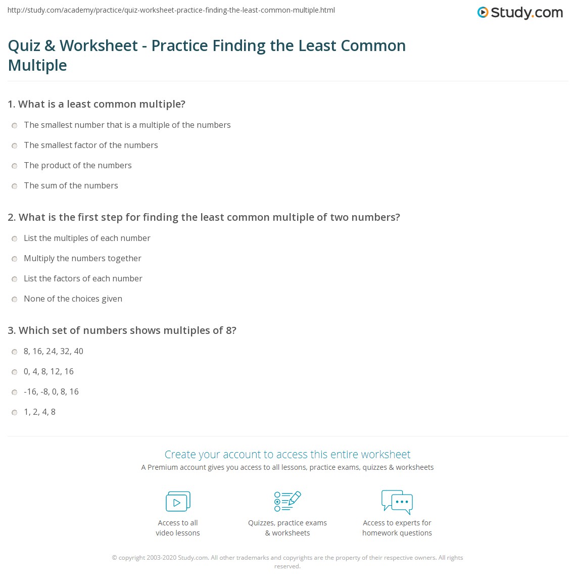 Quiz & Worksheet - Practice Finding the Least Common Multiple | Study.com