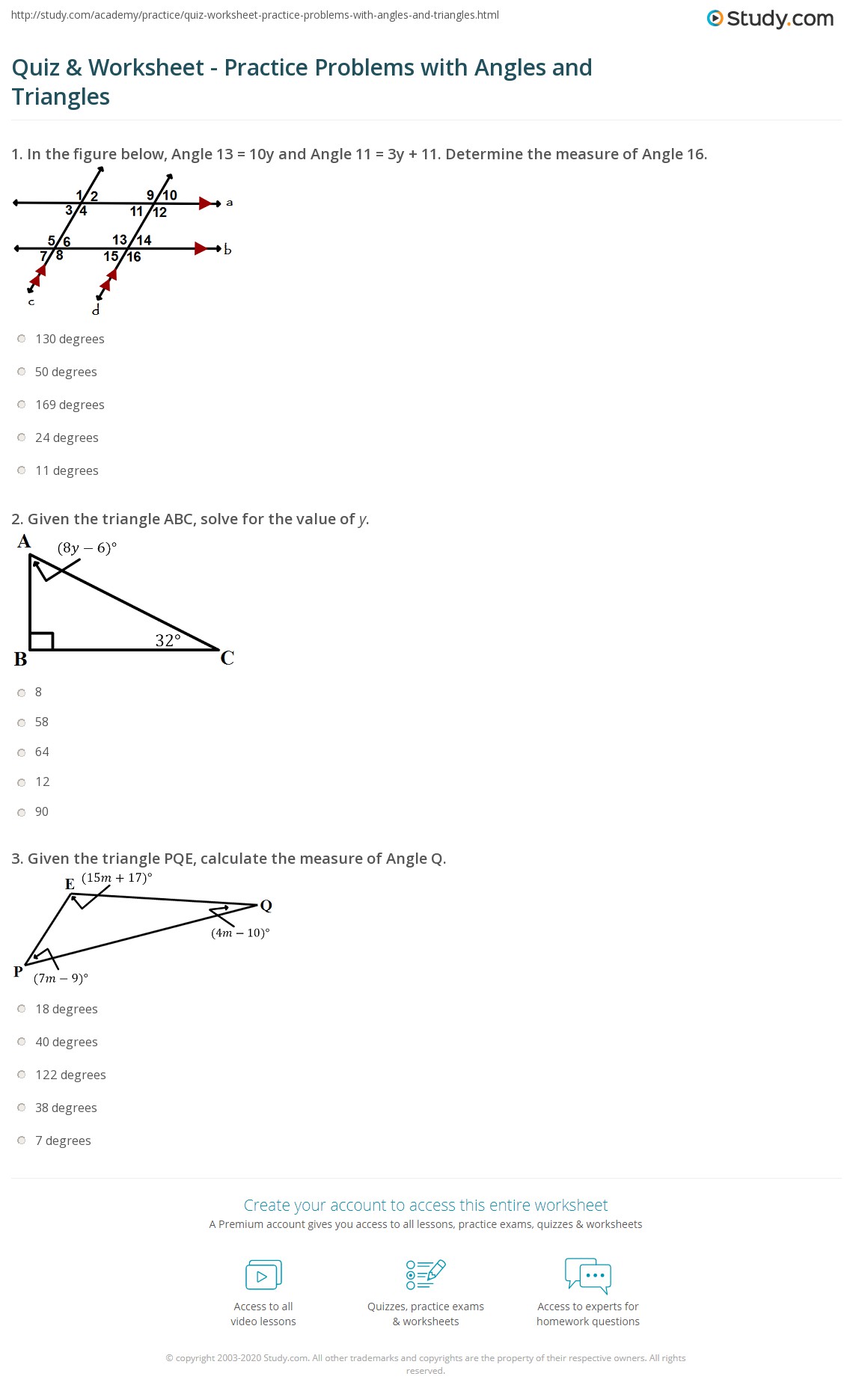 Quiz & Worksheet - Practice Problems with Angles and Triangles | Study.com