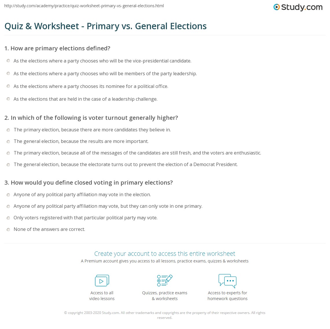 Quiz & Worksheet Primary vs. General Elections
