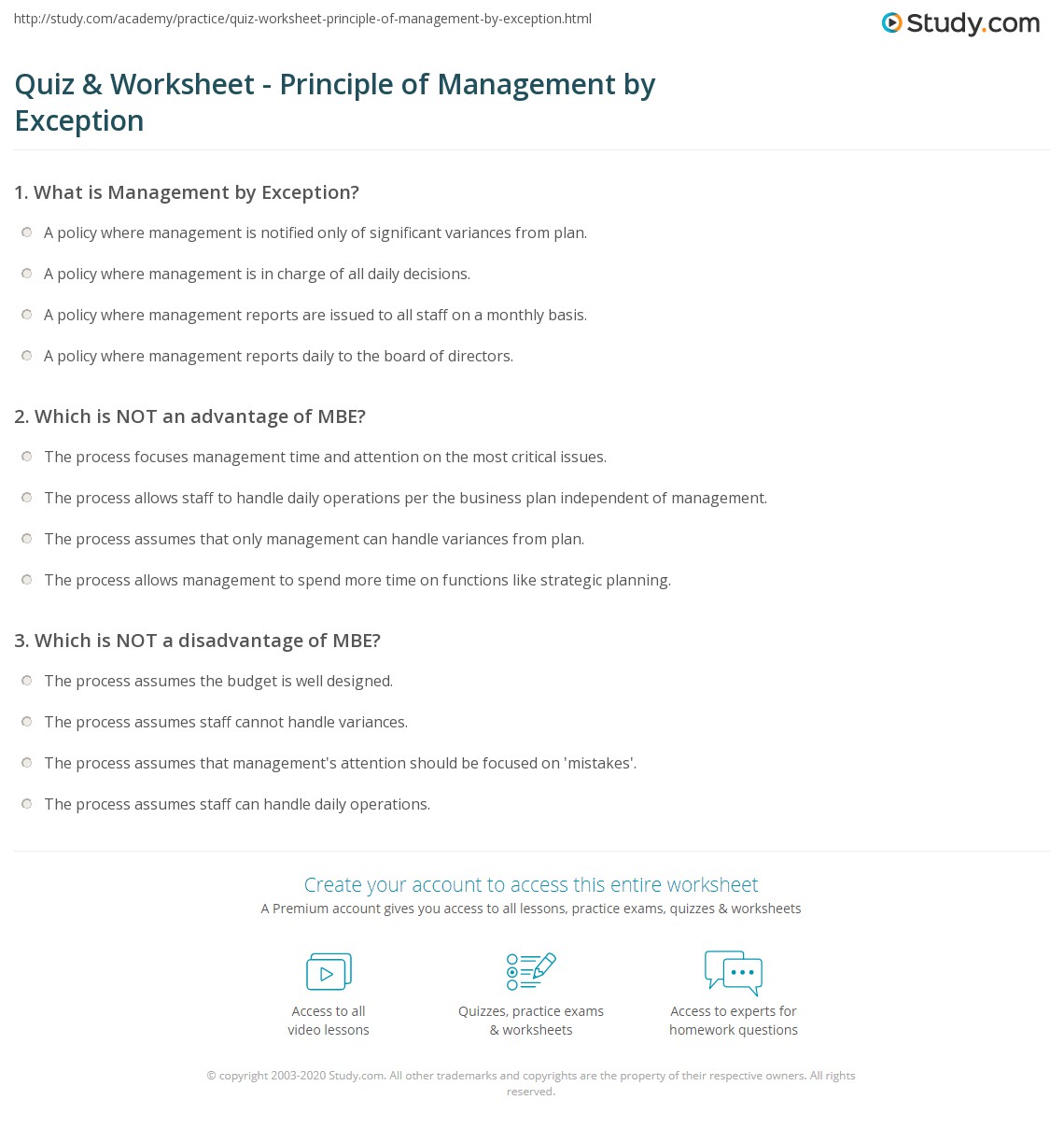 Quiz & Worksheet Principle of Management by Exception