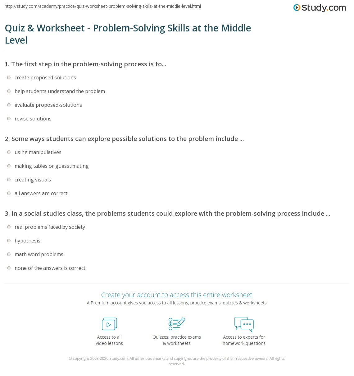 Quiz & Worksheet ProblemSolving Skills at the Middle Level