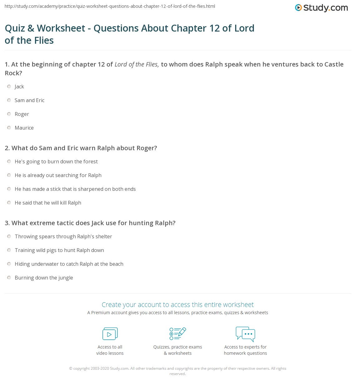 Quiz & Worksheet Questions About Chapter 12 of Lord of the Flies
