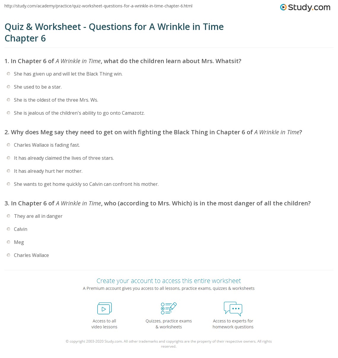 Quiz & Worksheet Questions for A Wrinkle in Time Chapter 6