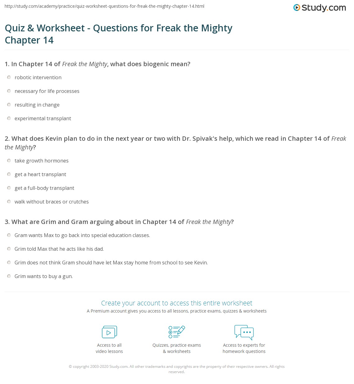 Quiz & Worksheet Questions for Freak the Mighty Chapter