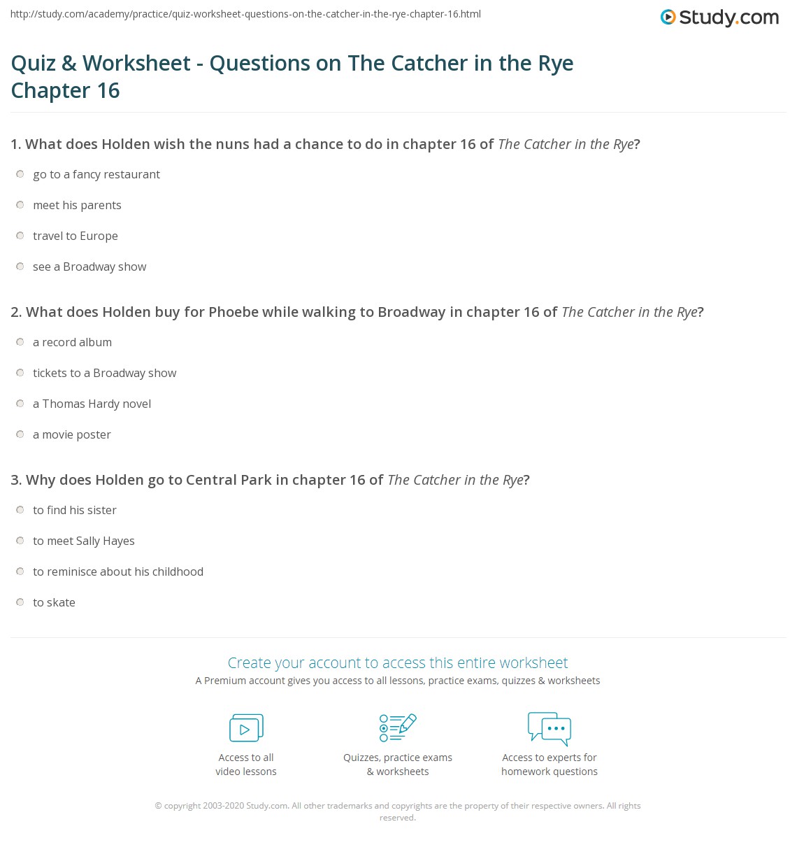 Quiz & Worksheet Questions on The Catcher in the Rye Chapter 16