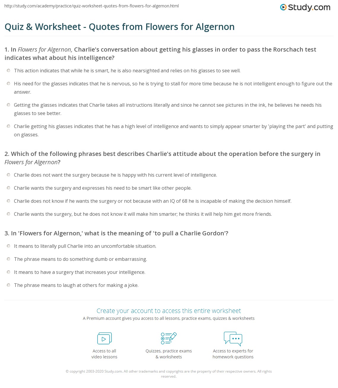 Quiz & Worksheet - Quotes From Flowers For Algernon | Study.com