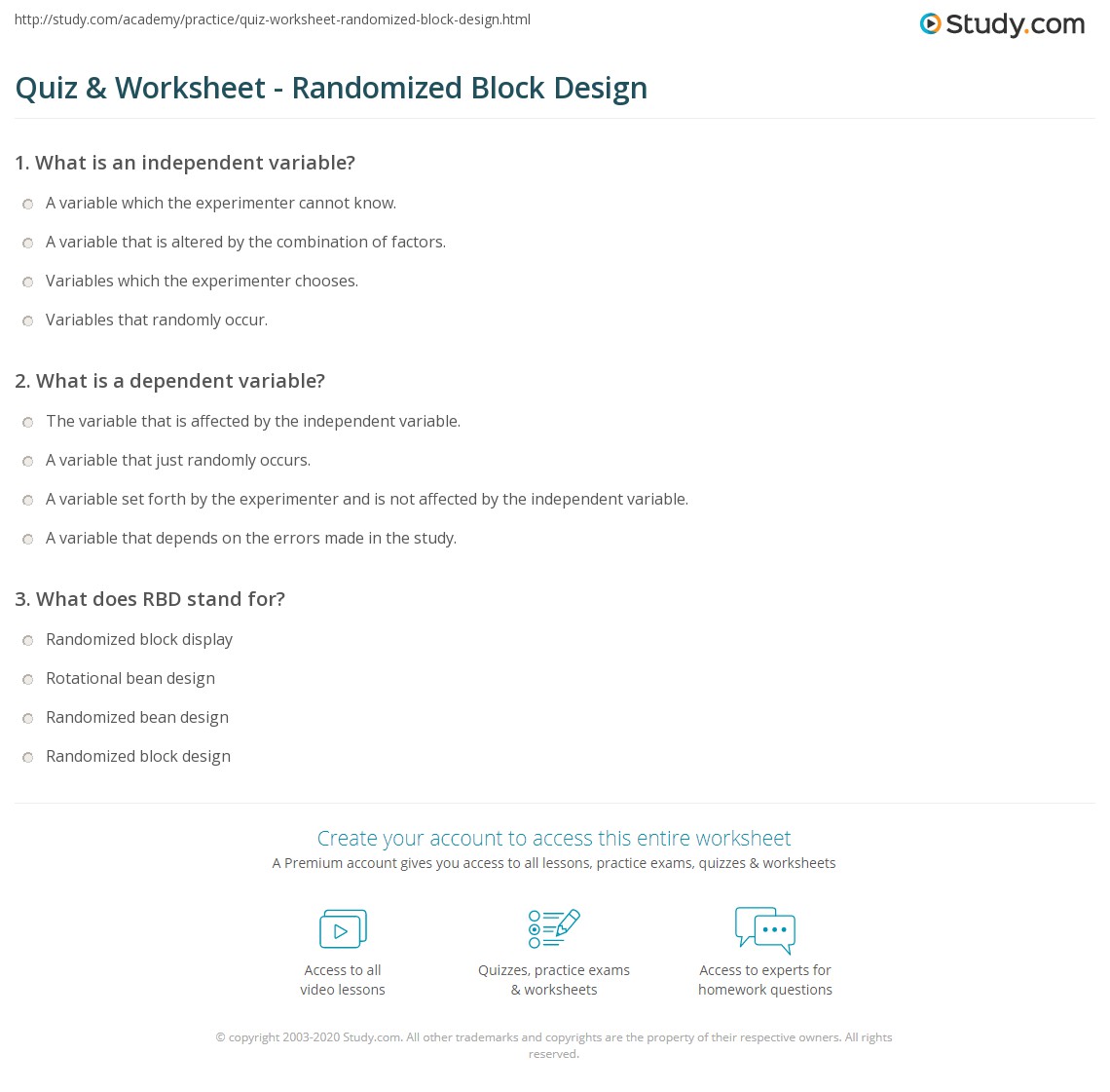 Quiz & Worksheet Randomized Block Design