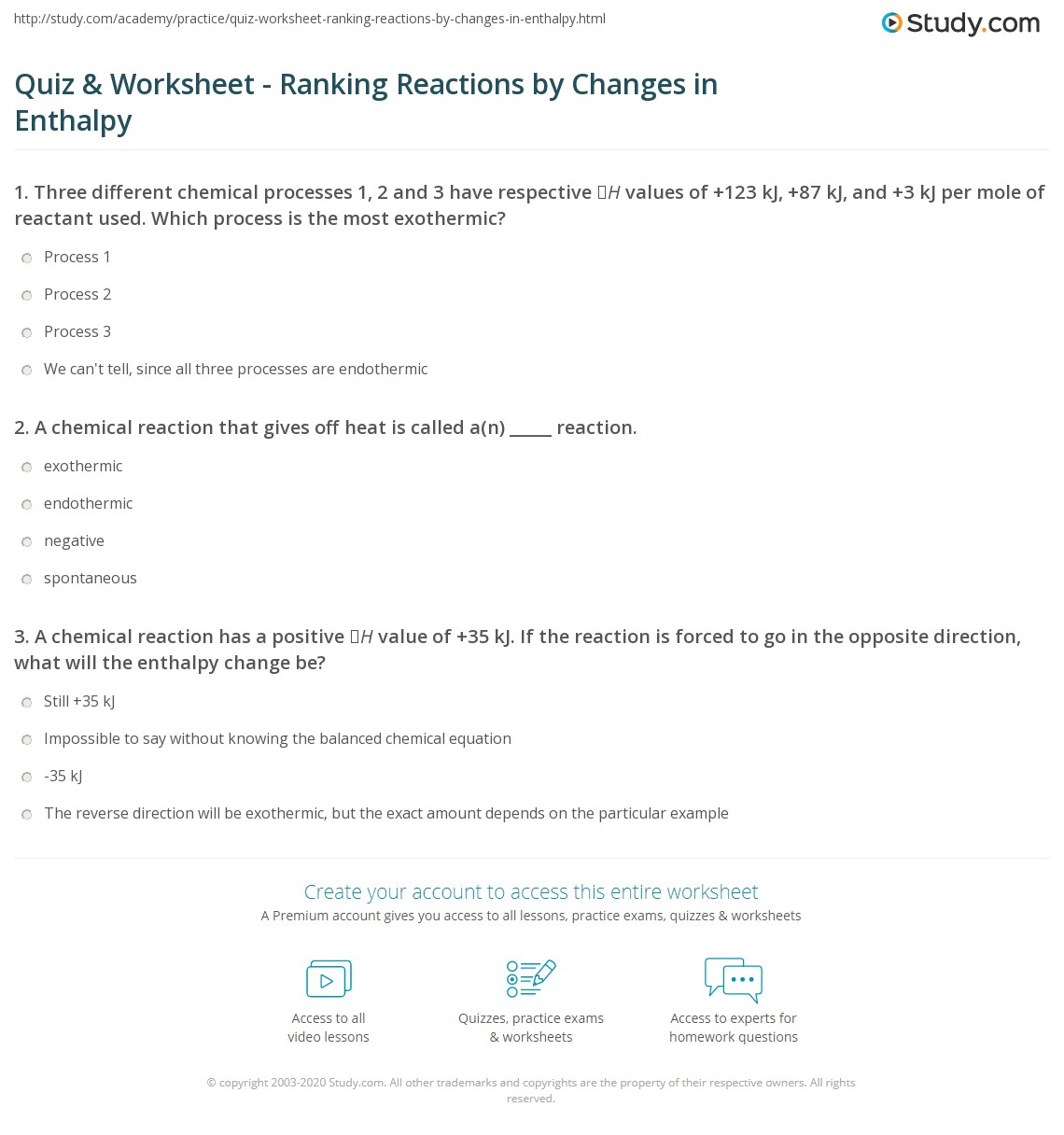 Quiz & Worksheet Ranking Reactions by Changes in
