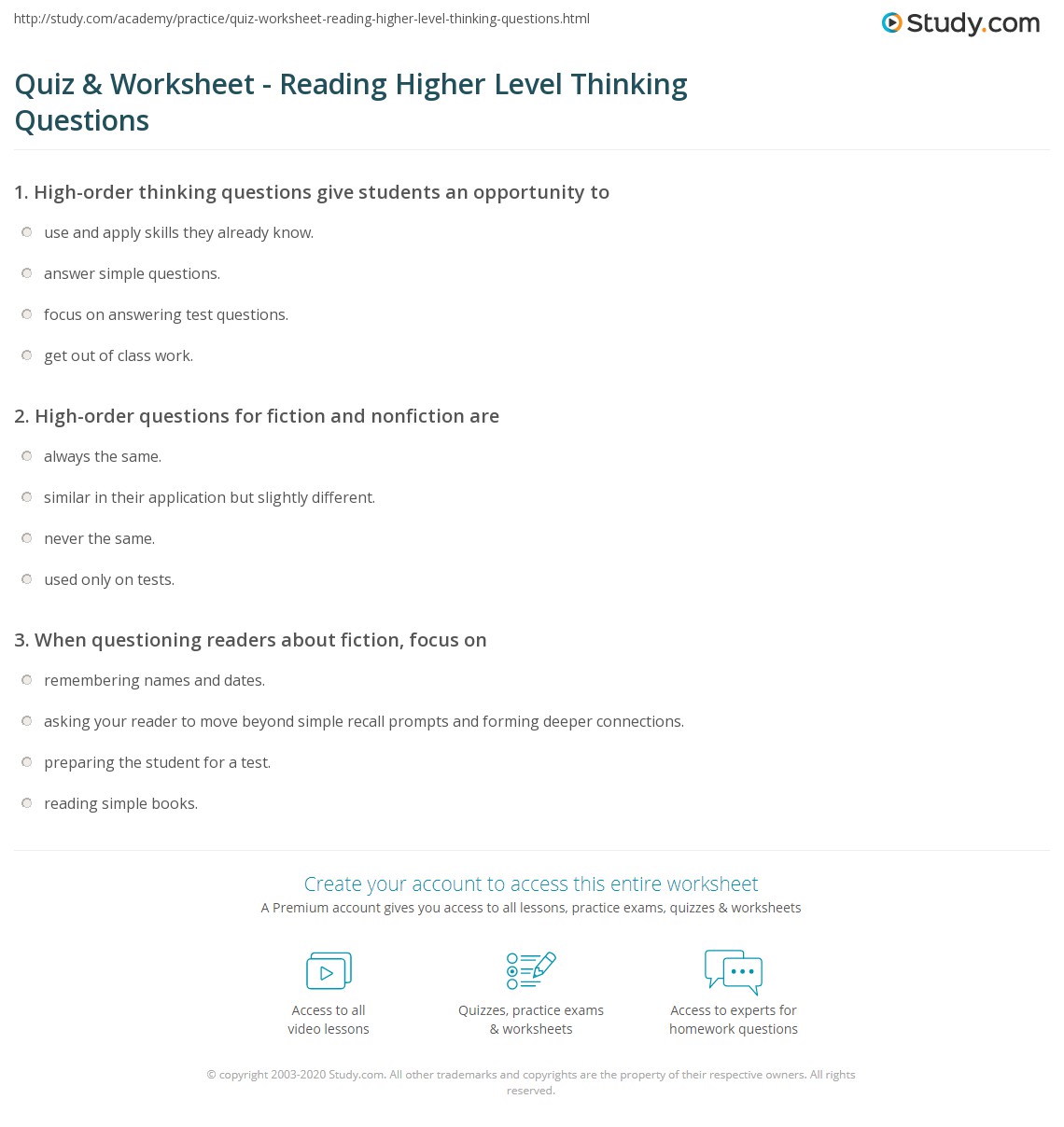 Quiz & Worksheet Reading Higher Level Thinking Questions