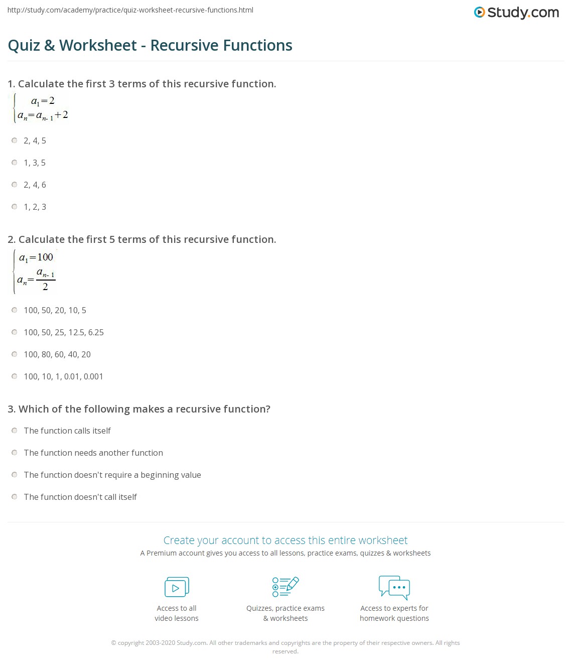 Quiz & Worksheet Recursive Functions