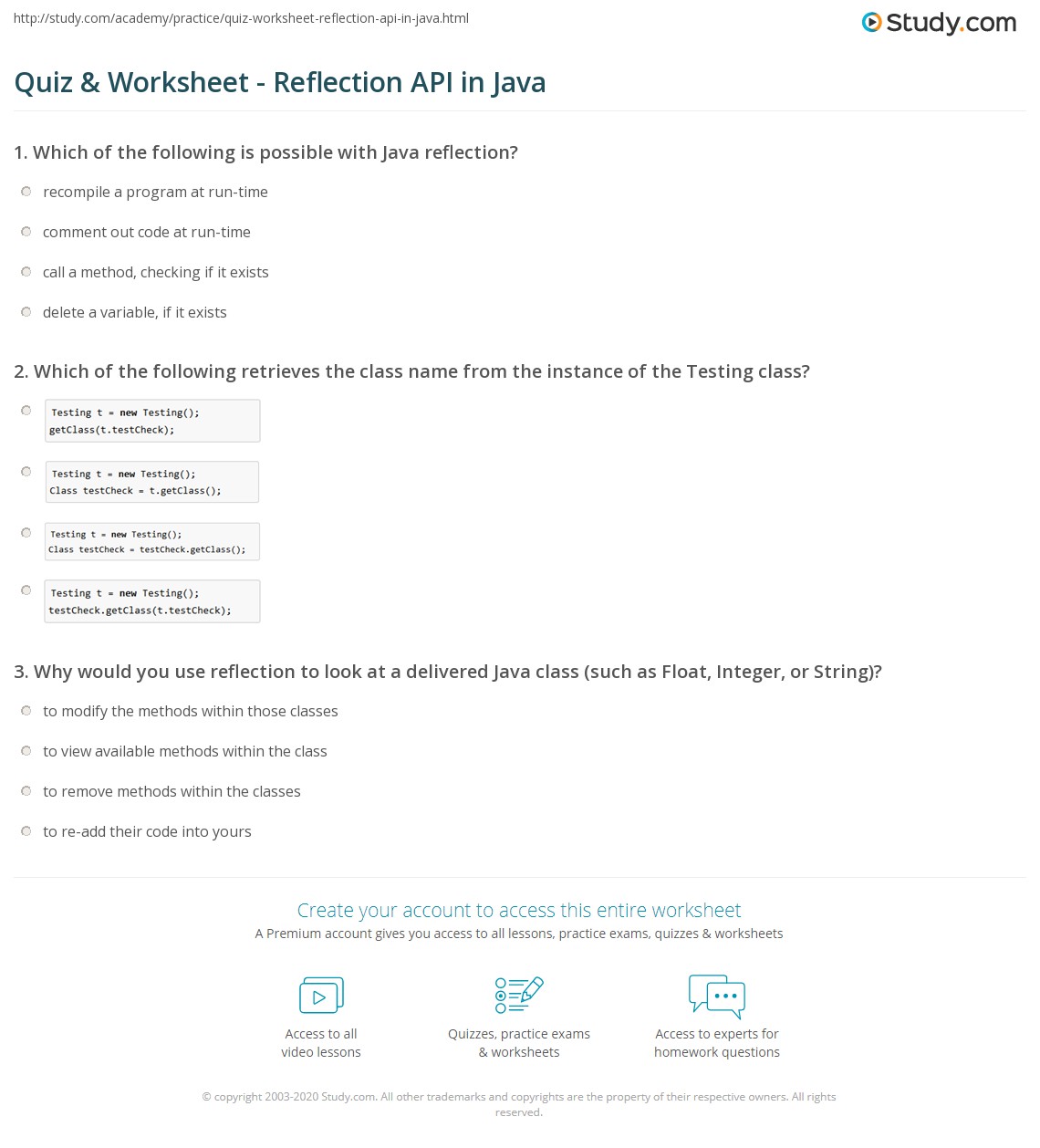 Quiz & Worksheet Reflection API in Java