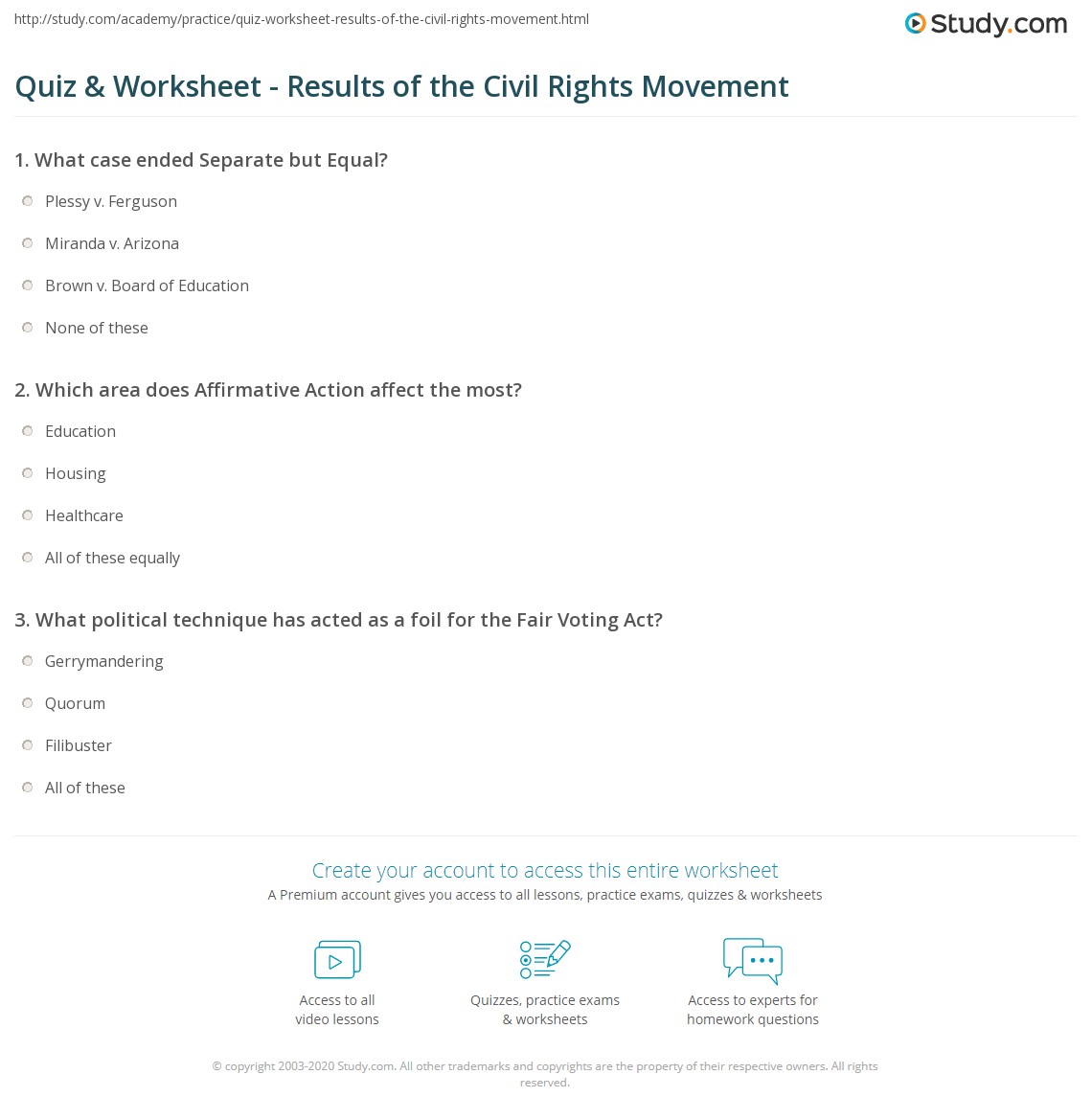 Quiz & Worksheet Results of the Civil Rights Movement
