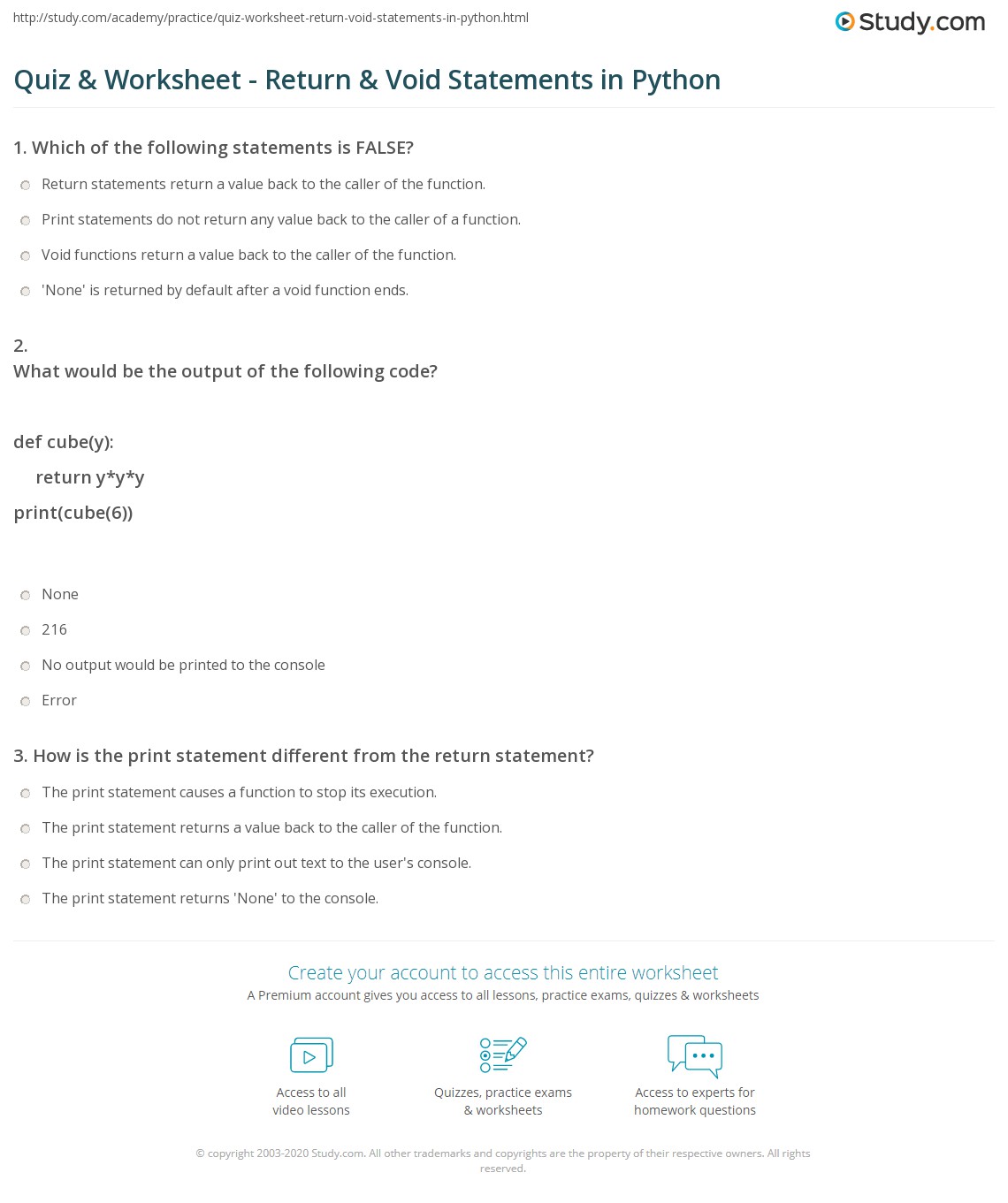 Quiz & Worksheet Return & Void Statements in Python