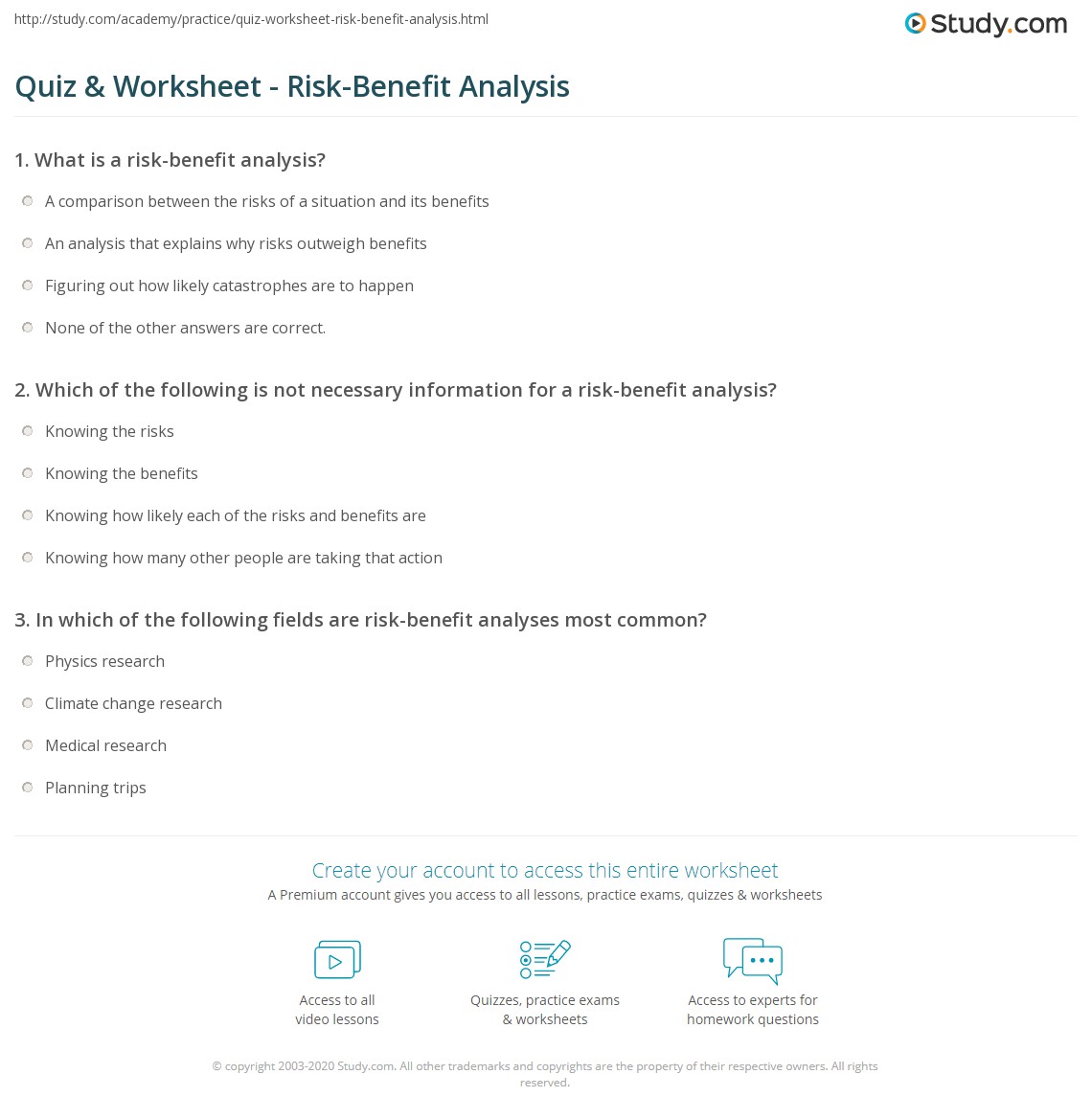 Quiz & Worksheet RiskBenefit Analysis