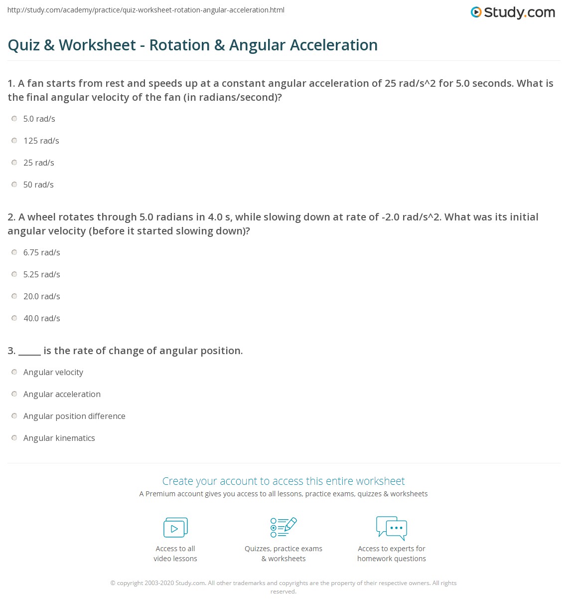 Quiz & Worksheet Rotation & Angular Acceleration