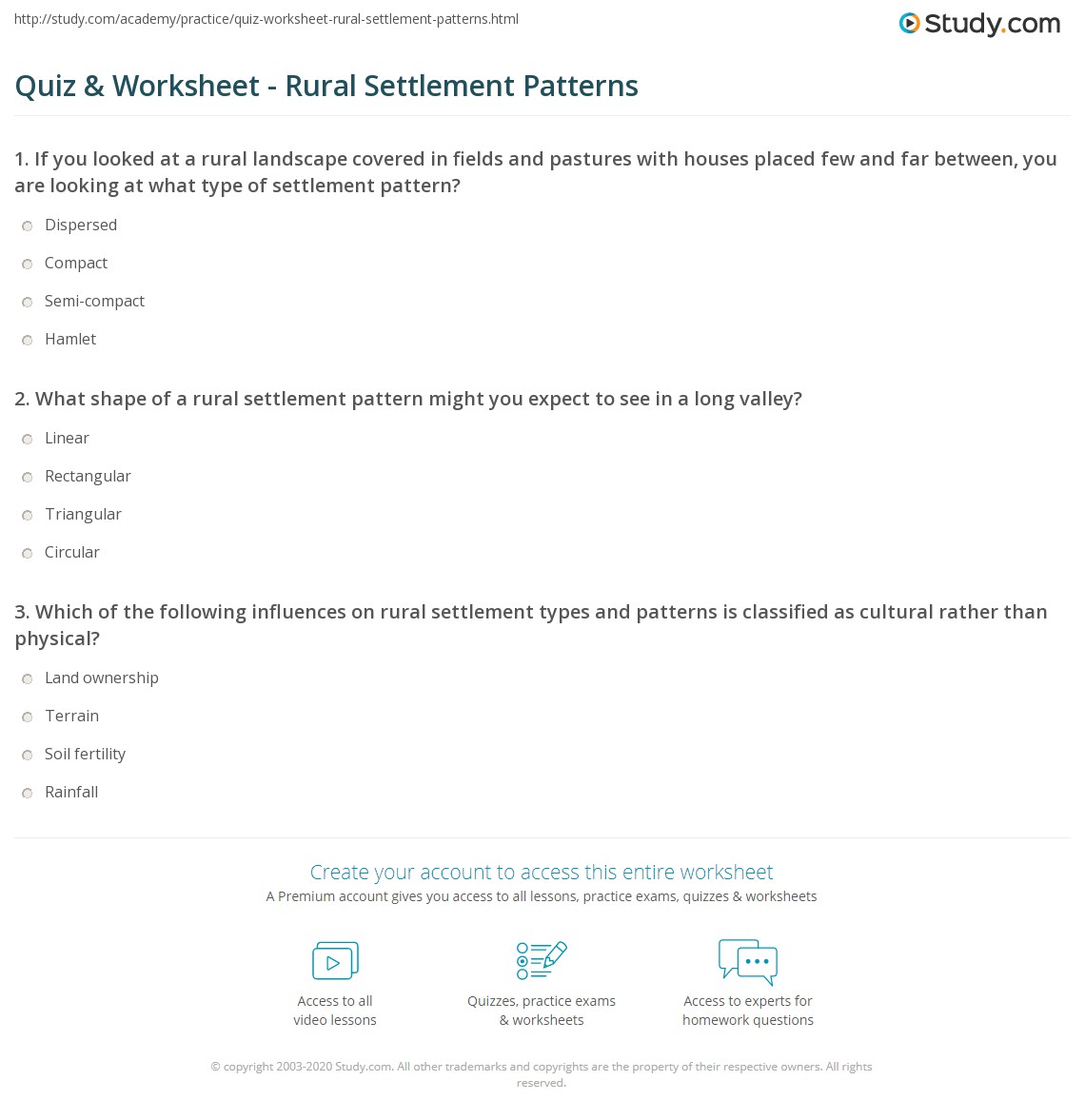 Quiz & Worksheet Rural Settlement Patterns