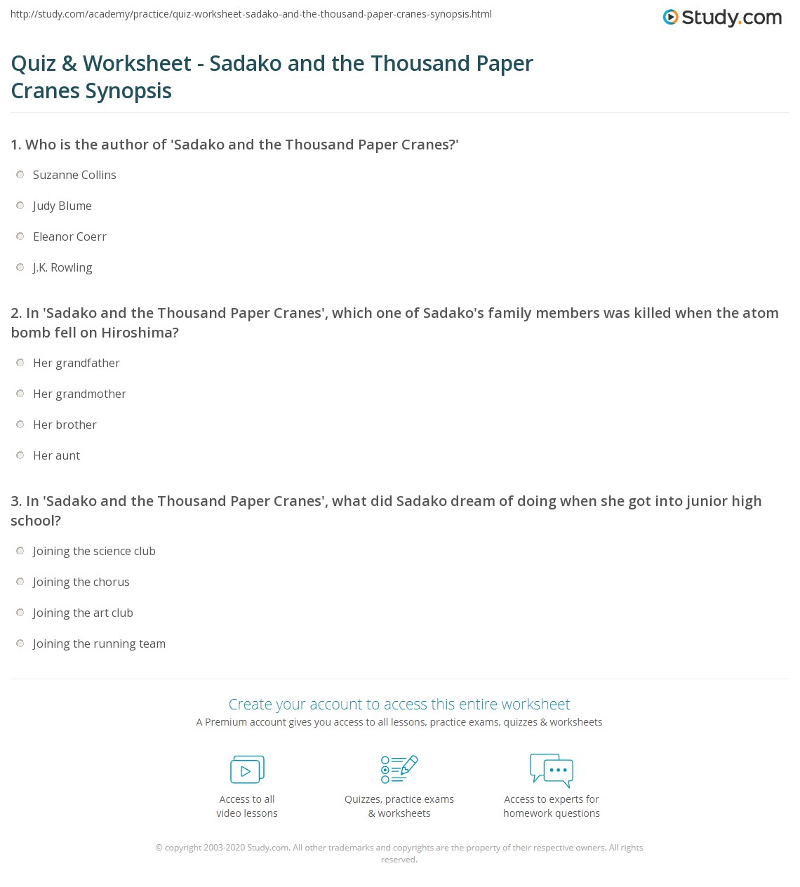 Quiz & Worksheet Sadako and the Thousand Paper Cranes