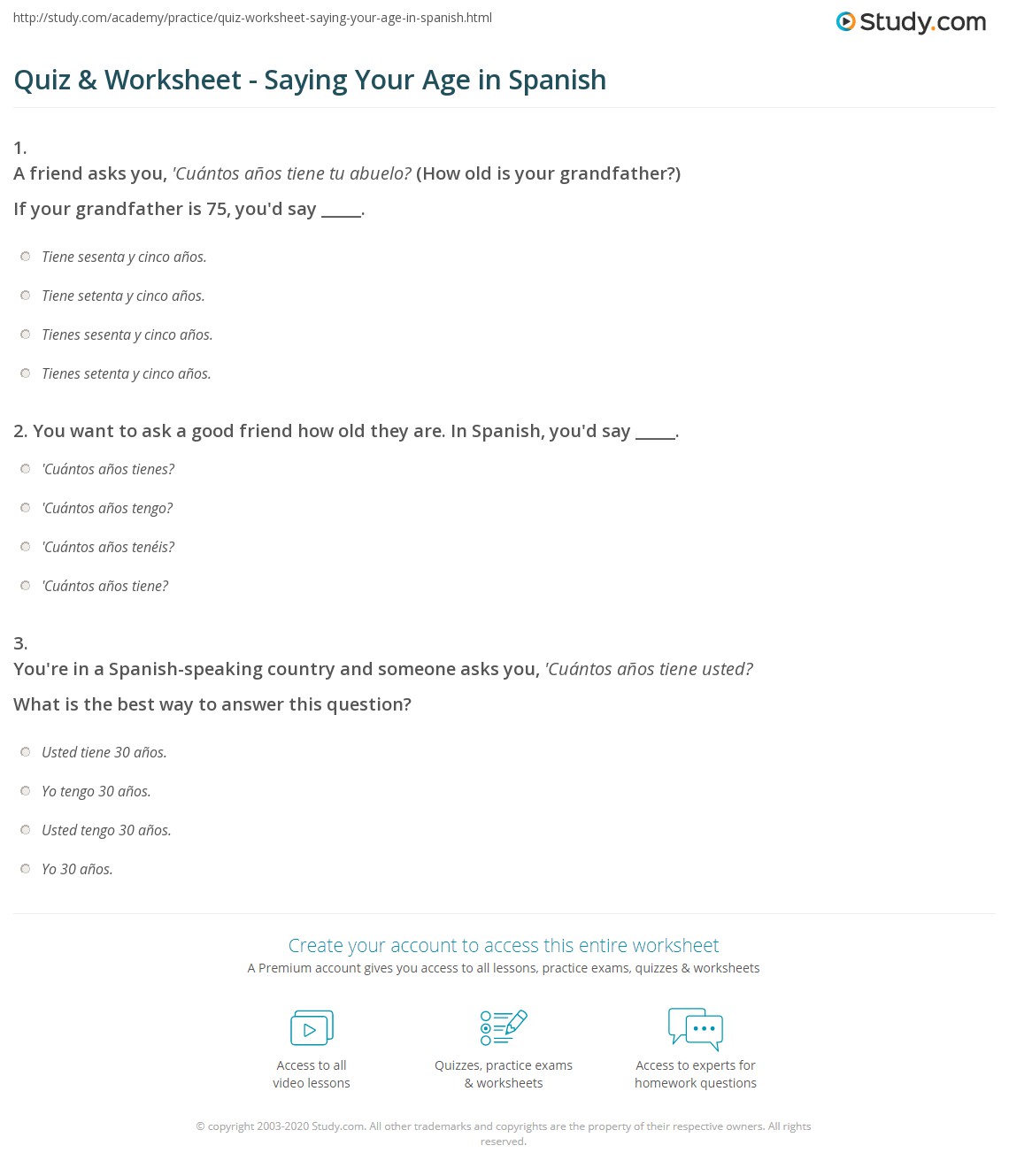 Quiz & Worksheet Saying Your Age in Spanish