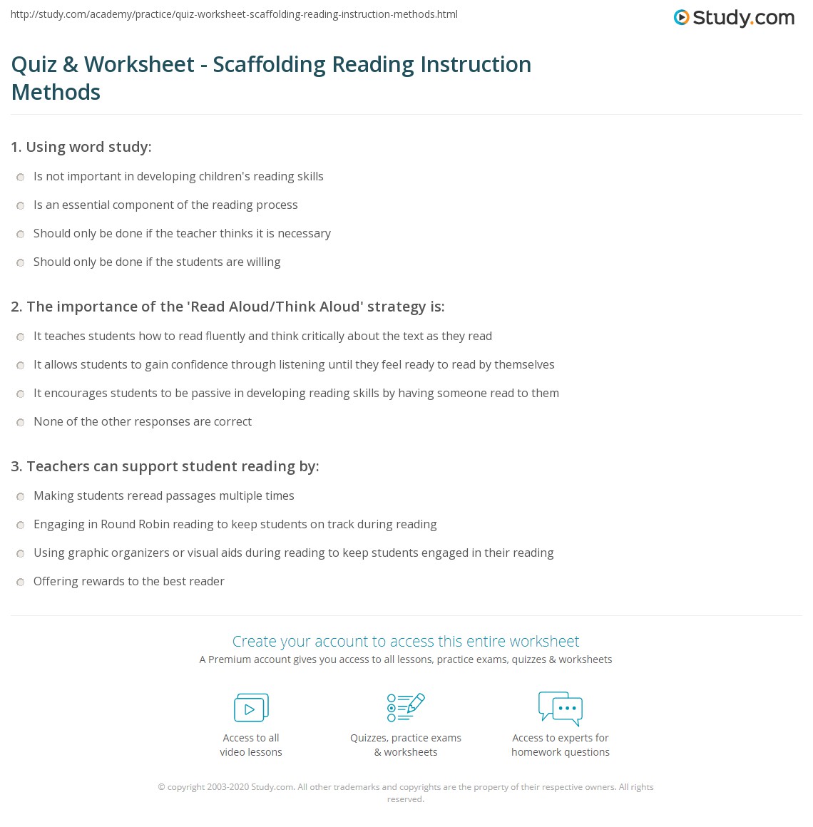 Quiz & Worksheet Scaffolding Reading Instruction Methods