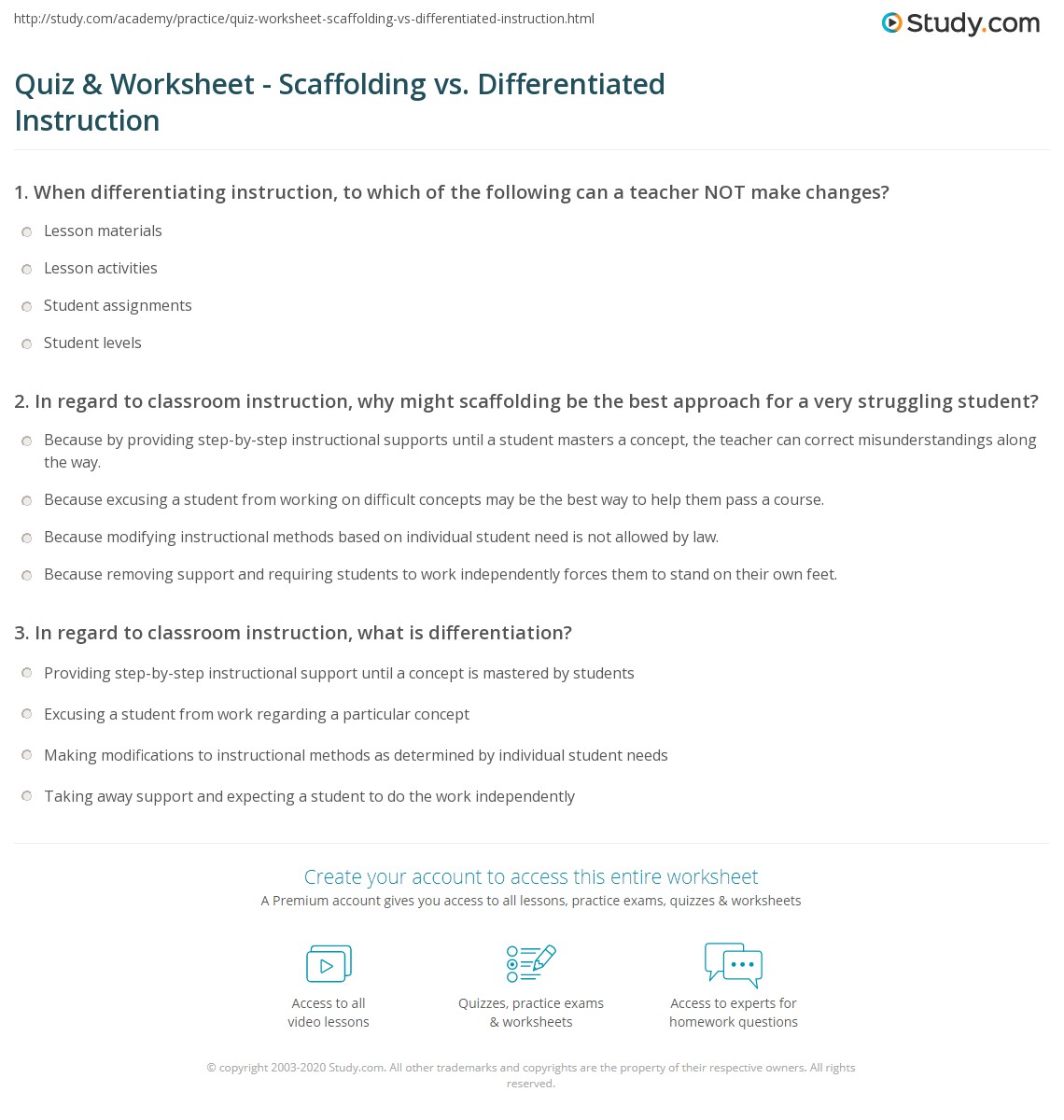 Quiz & Worksheet Scaffolding vs. Differentiated Instruction