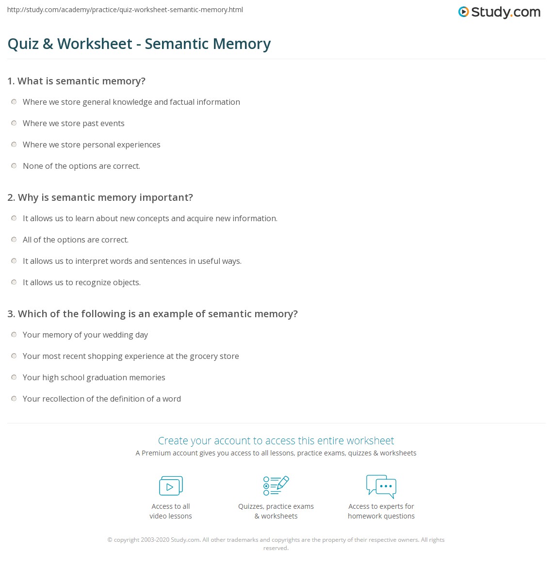 Quiz & Worksheet Semantic Memory