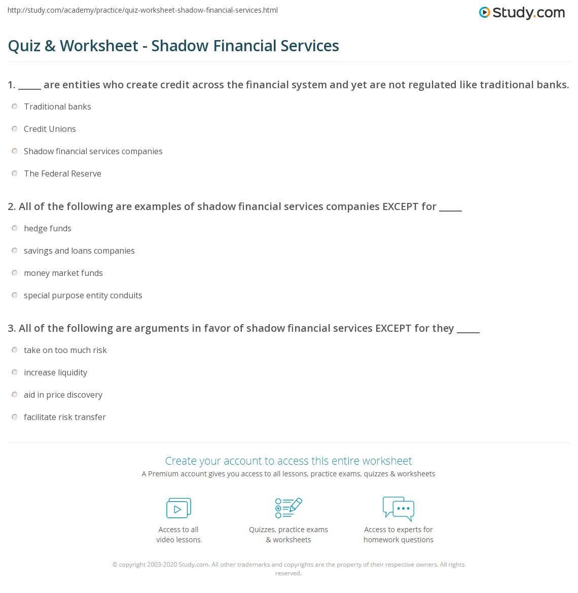 Quiz & Worksheet Shadow Financial Services