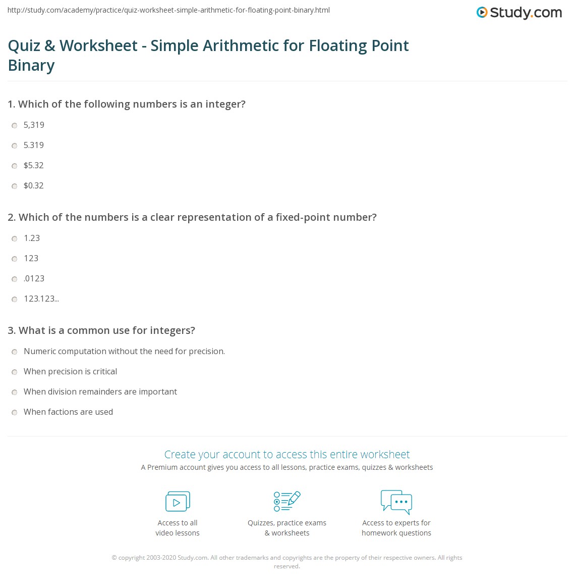 Quiz & Worksheet Simple Arithmetic for Floating Point Binary