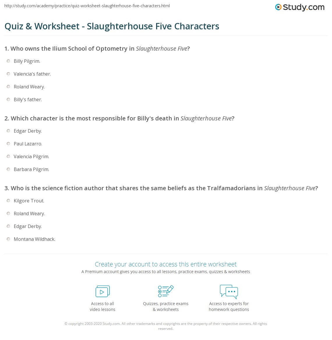 Quiz & Worksheet Slaughterhouse Five Characters