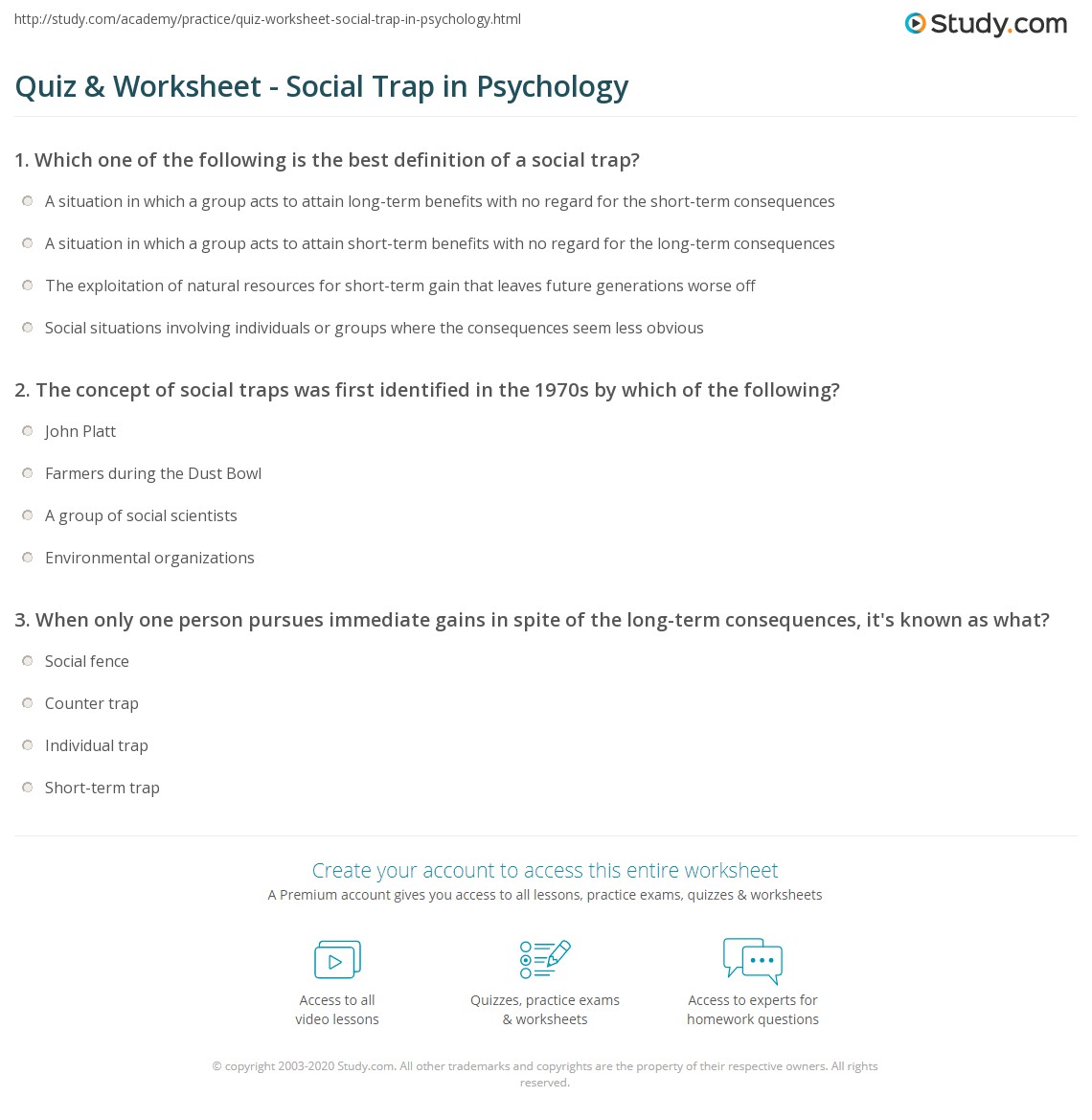 Quiz & Worksheet Social Trap in Psychology