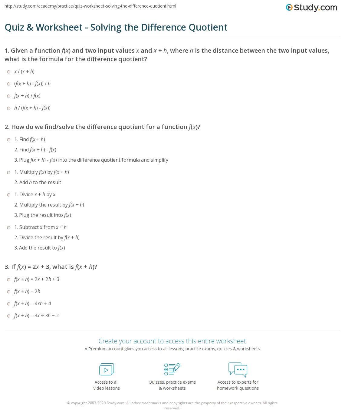 Quiz & Worksheet Solving the Difference Quotient