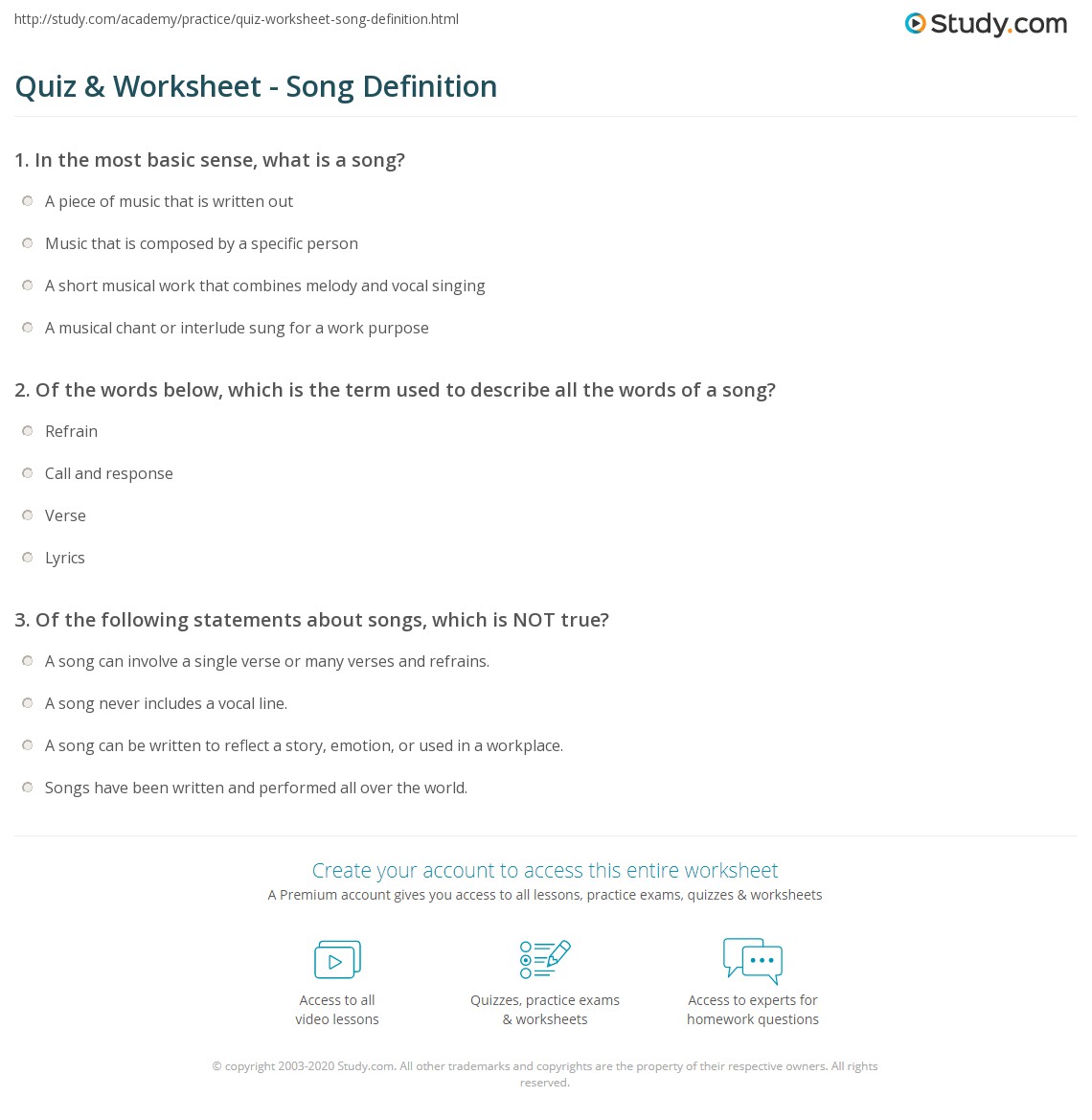 Quiz & Worksheet Song Definition