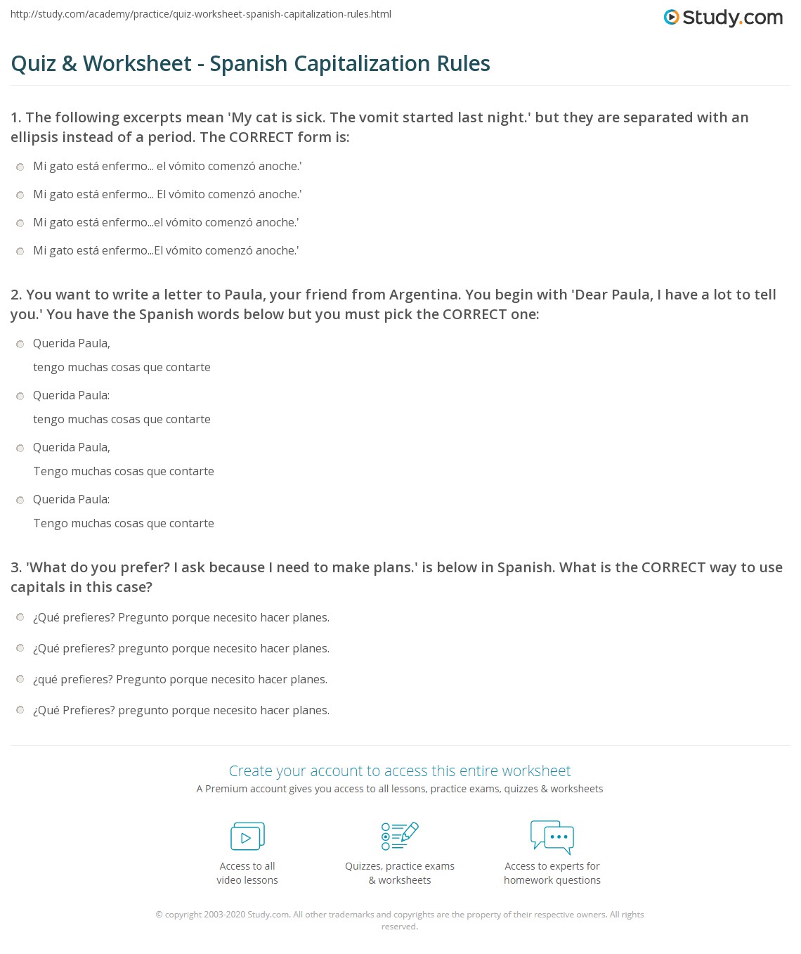 Quiz & Worksheet Spanish Capitalization Rules
