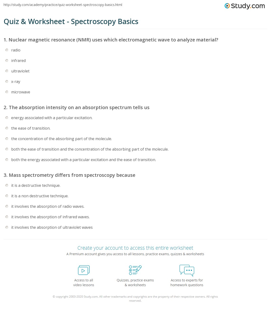 Quiz & Worksheet Spectroscopy Basics