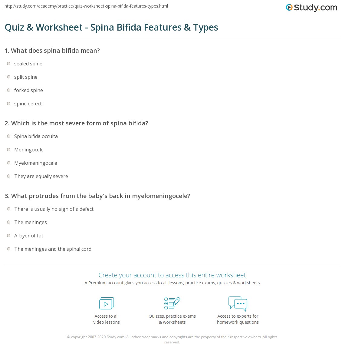 Quiz & Worksheet Spina Bifida Features & Types