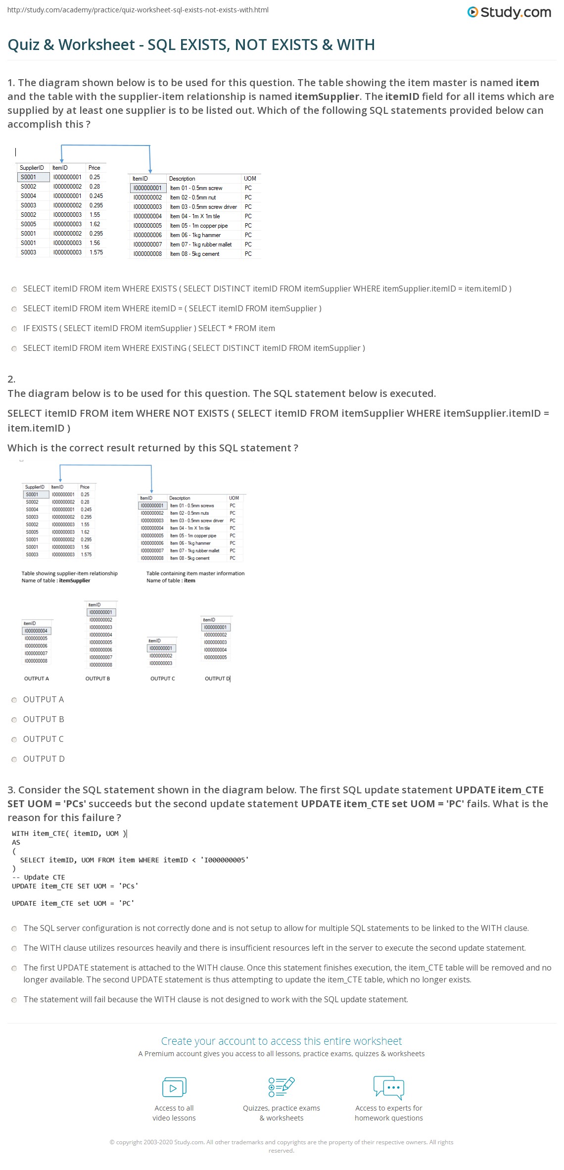 Quiz & Worksheet SQL EXISTS, NOT EXISTS & WITH