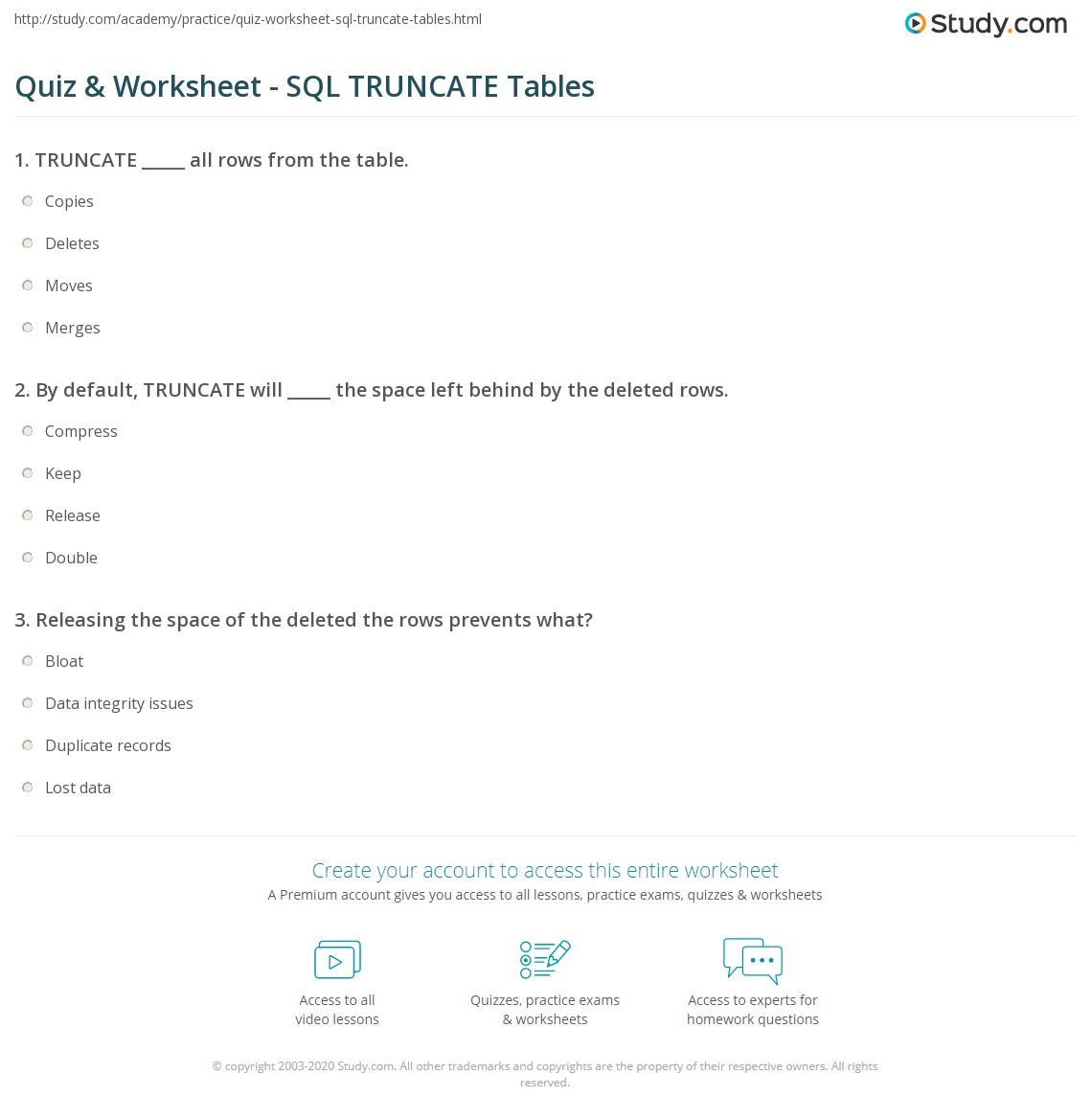Quiz & Worksheet SQL TRUNCATE Tables