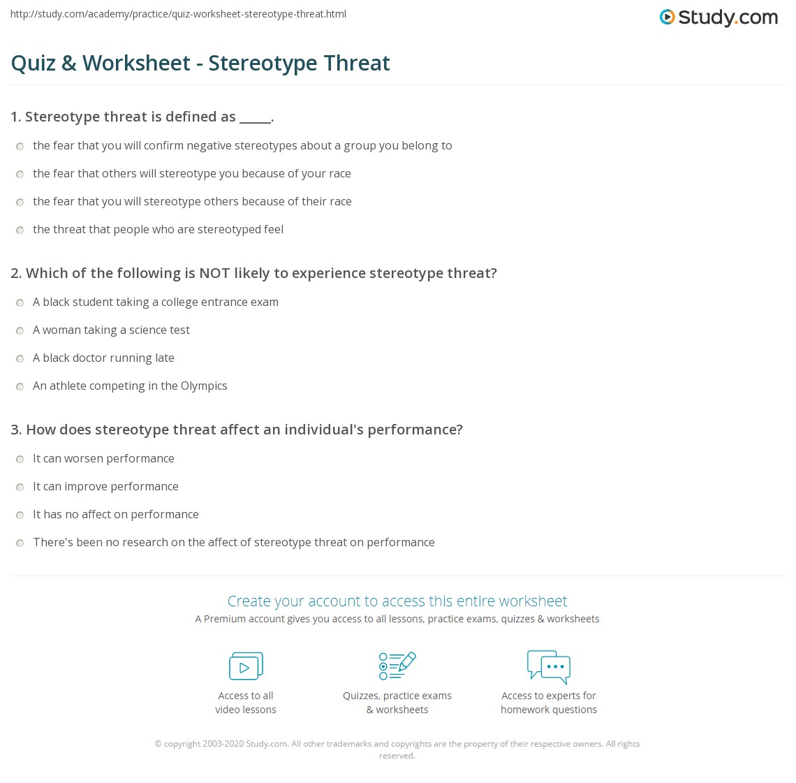 Quiz & Worksheet Stereotype Threat
